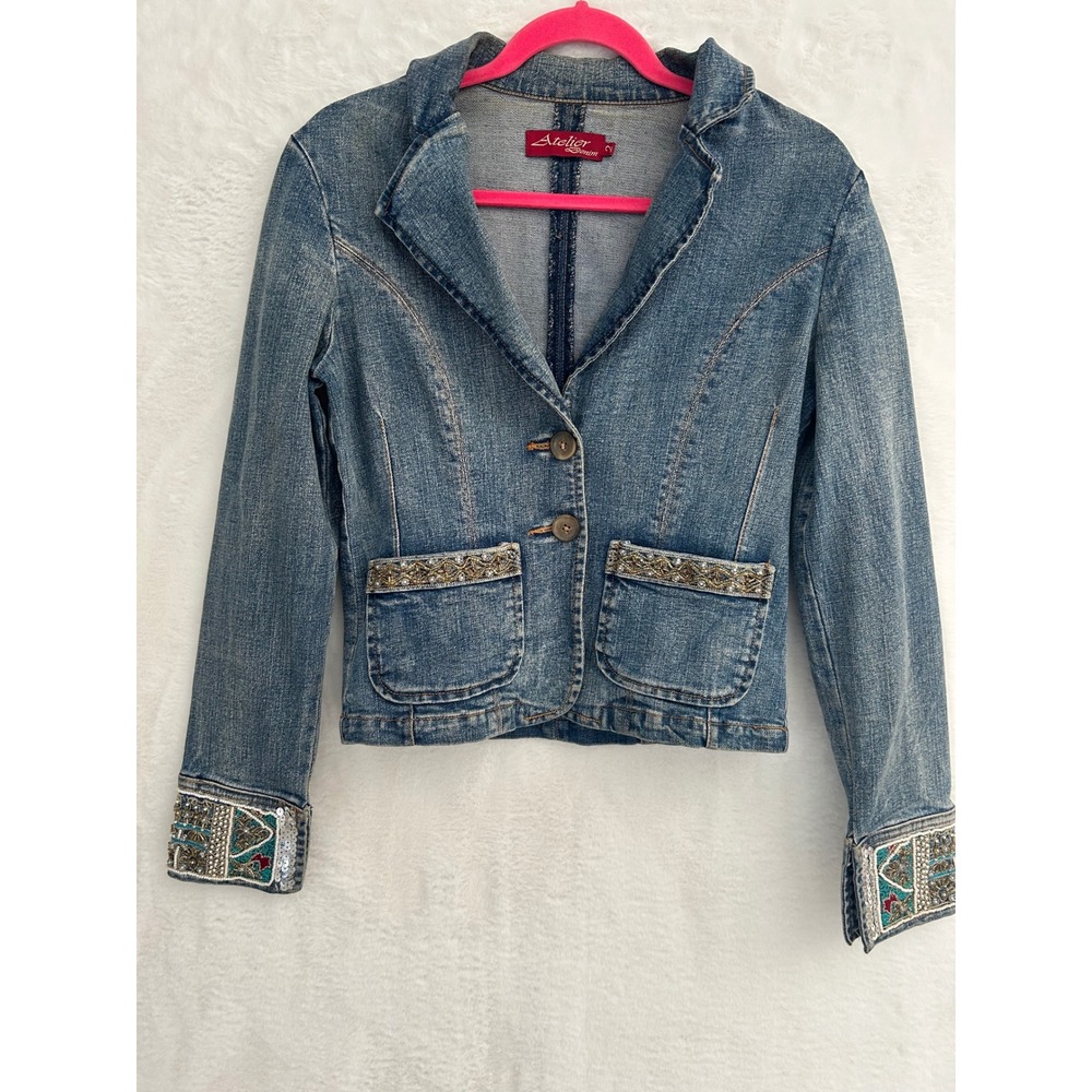 Atelier Denim Blazer Jacket Womens 2 Boho Beaded‎ Sequined Embellished Stretch